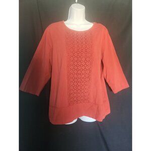 Denim Co Rust Colored Embroidered Front Panel Top 3/4 Sleeve Blouse T-shirt